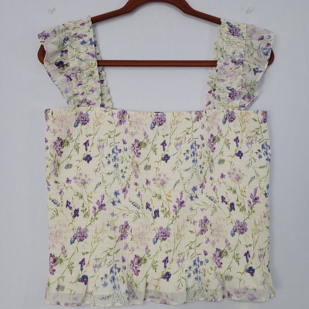 Express Floral Smocked Cropped Top sz L White Multi Cottagecore Fairy Whimsical